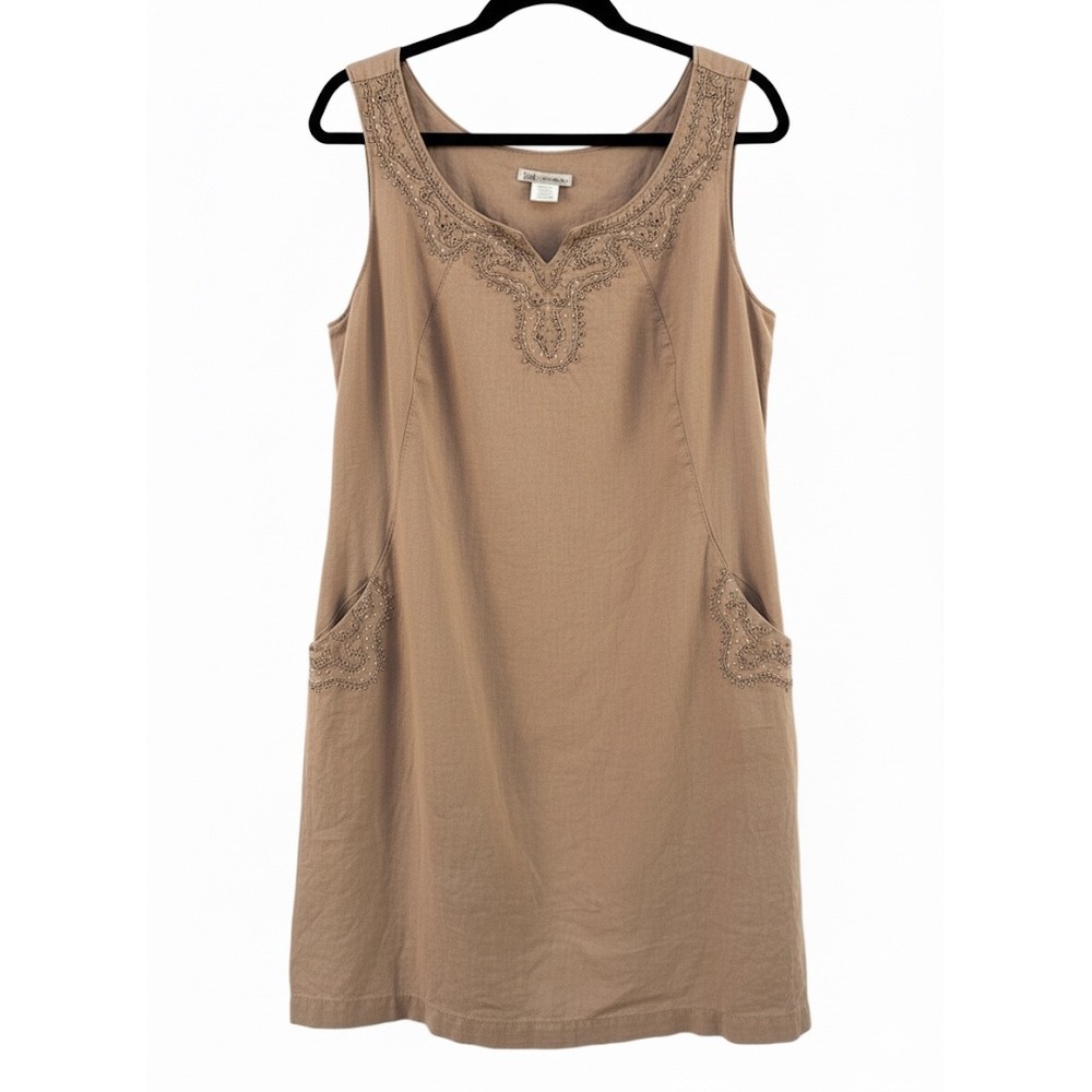 Two Star Dog Women's Linen Embroidered V Neck Sleeveless Dress Pockets Sz Medium - Picture 2 of 10